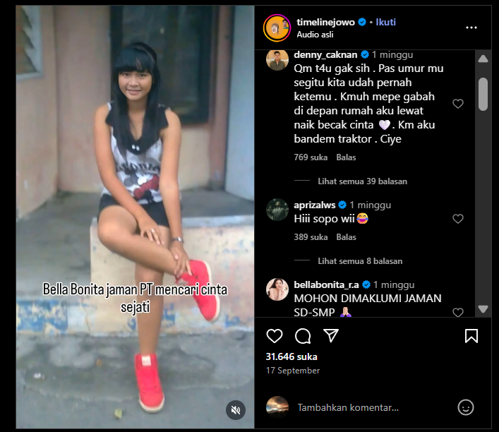 Komentar Denny Caknan dan istri di postingan foto jadul Bella Bonita